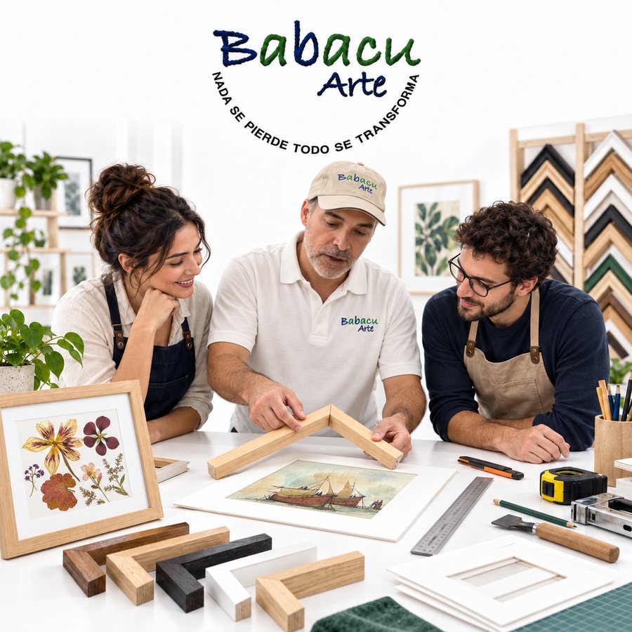 Clase de enmarcación en Babacu Arte: alumnos aprendiendo a montar una acuarela con molduras