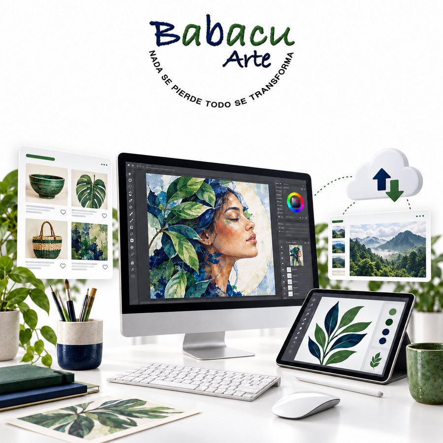 Estación de trabajo digital de Babacu Arte: edición de obra, tablet y archivos en la nube