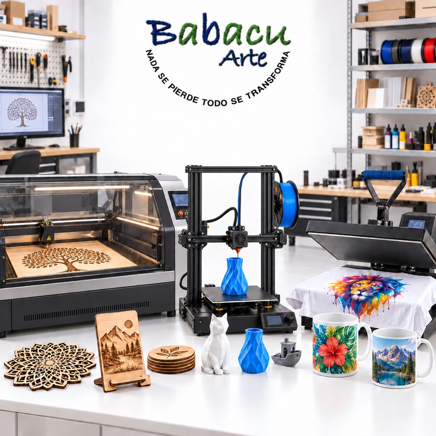 Taller de Babacu Arte: cortadora láser, impresora 3D y prensa de sublimación con piezas terminadas